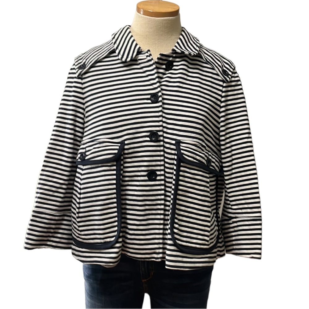 See by Chloe Nautical Stripe Knit Cropped Jacket, Navy/White, size 8